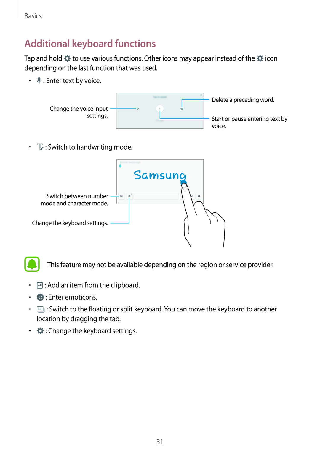 Samsung SM-P585YZKAXXV, SM-P585NZKAKSA, SM-P585NZWAKSA, SM-P585YZWAXXV manual Additional keyboard functions 