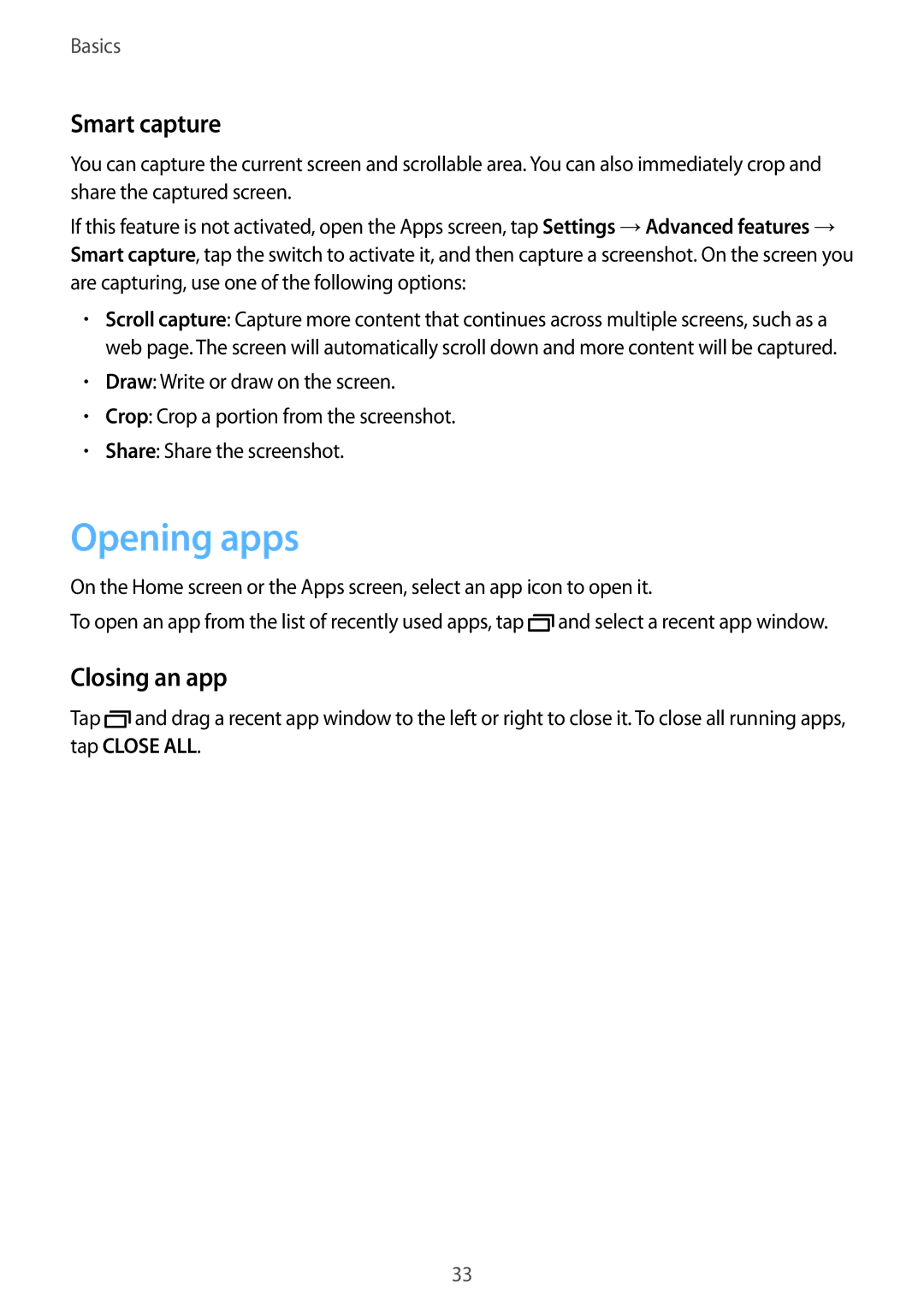 Samsung SM-P585NZWAKSA, SM-P585NZKAKSA, SM-P585YZWAXXV, SM-P585YZKAXXV manual Opening apps, Smart capture, Closing an app 