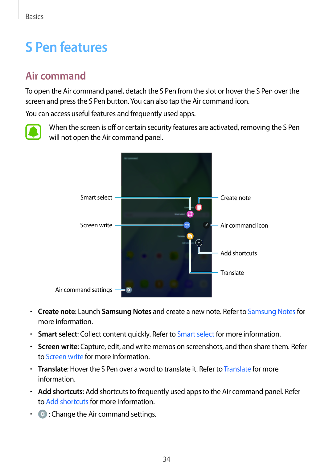 Samsung SM-P585YZWAXXV, SM-P585NZKAKSA, SM-P585NZWAKSA, SM-P585YZKAXXV manual Pen features, Air command 