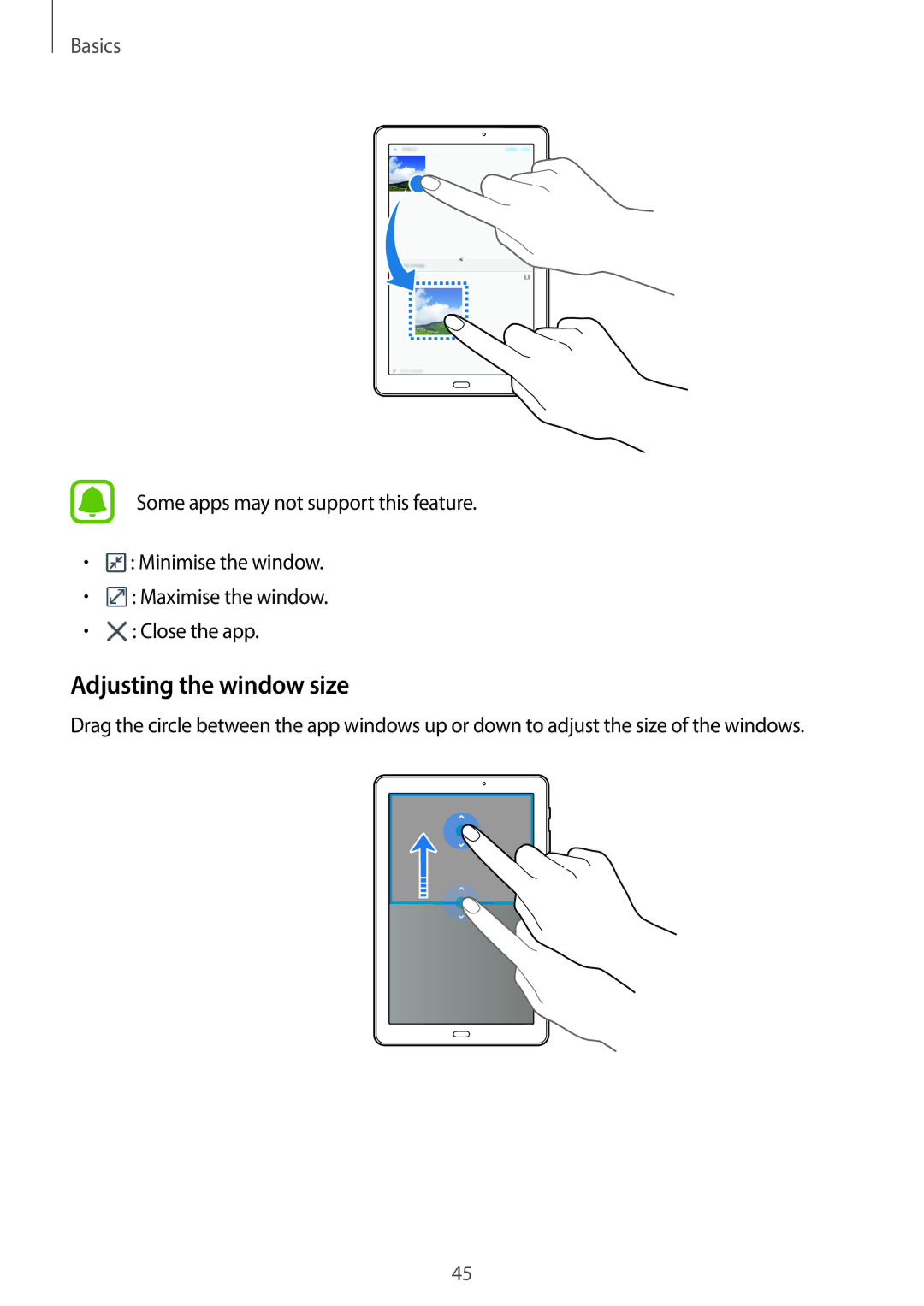 Samsung SM-P585NZWAKSA, SM-P585NZKAKSA, SM-P585YZWAXXV, SM-P585YZKAXXV manual Adjusting the window size 