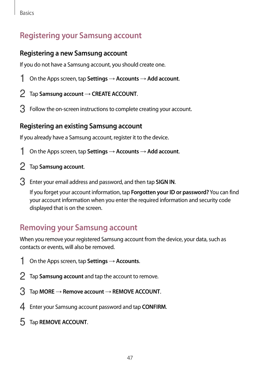 Samsung SM-P585YZKAXXV Registering your Samsung account, Removing your Samsung account, Registering a new Samsung account 