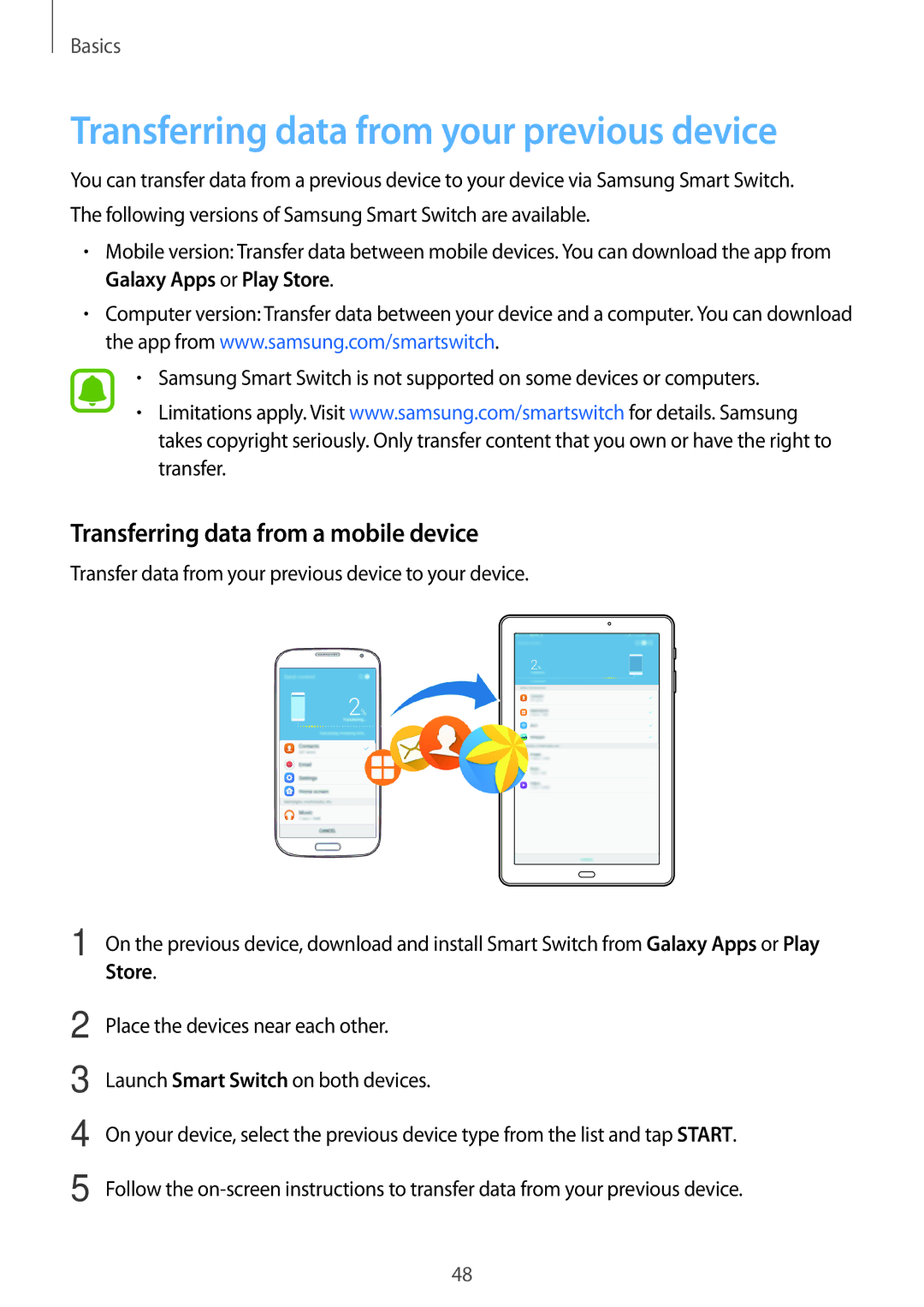 Samsung SM-P585NZKAKSA, SM-P585NZWAKSA Transferring data from your previous device, Transferring data from a mobile device 