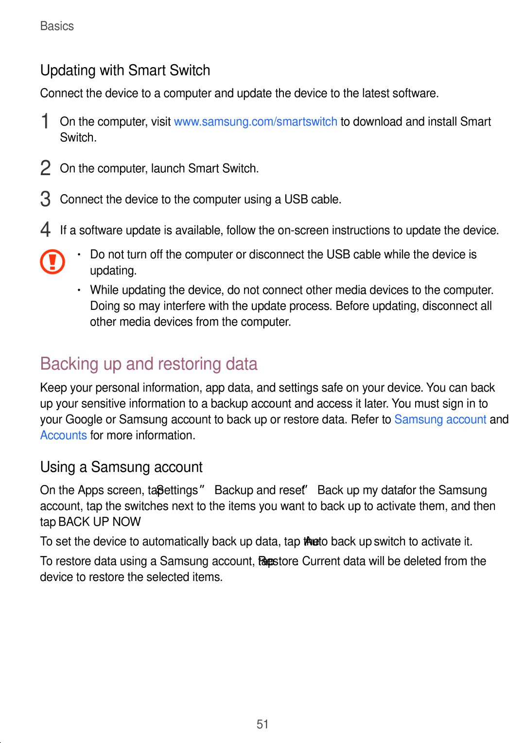 Samsung SM-P585YZKAXXV, SM-P585NZKAKSA Backing up and restoring data, Updating with Smart Switch, Using a Samsung account 