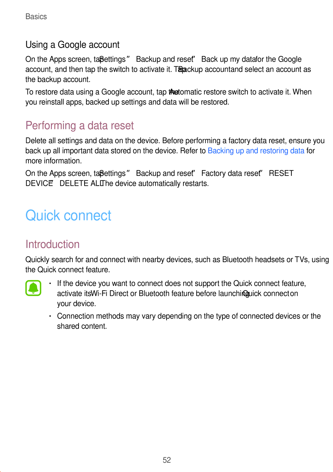 Samsung SM-P585NZKAKSA, SM-P585NZWAKSA, SM-P585YZWAXXV manual Quick connect, Performing a data reset, Using a Google account 