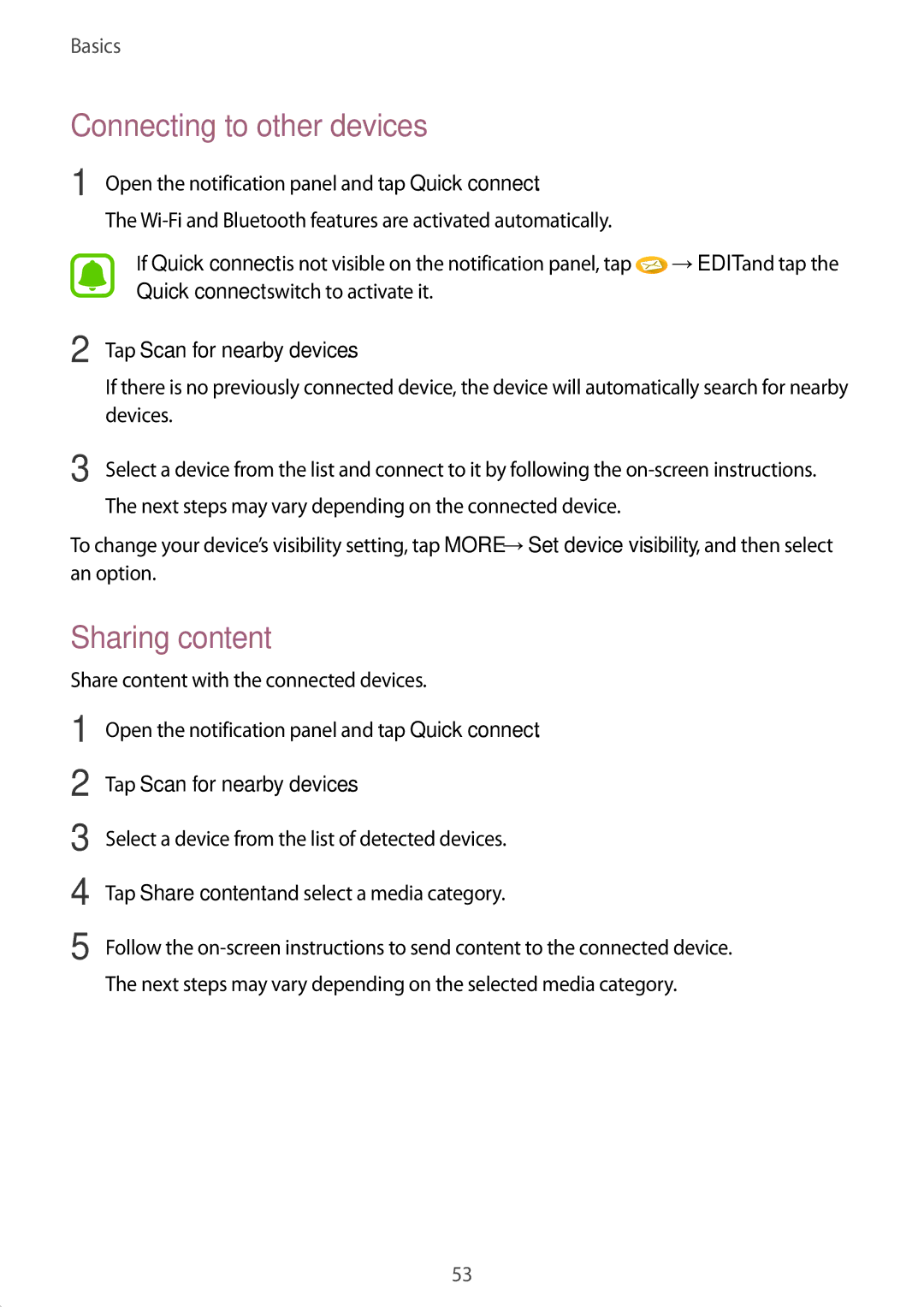 Samsung SM-P585NZWAKSA, SM-P585NZKAKSA manual Connecting to other devices, Sharing content, Tap Scan for nearby devices 