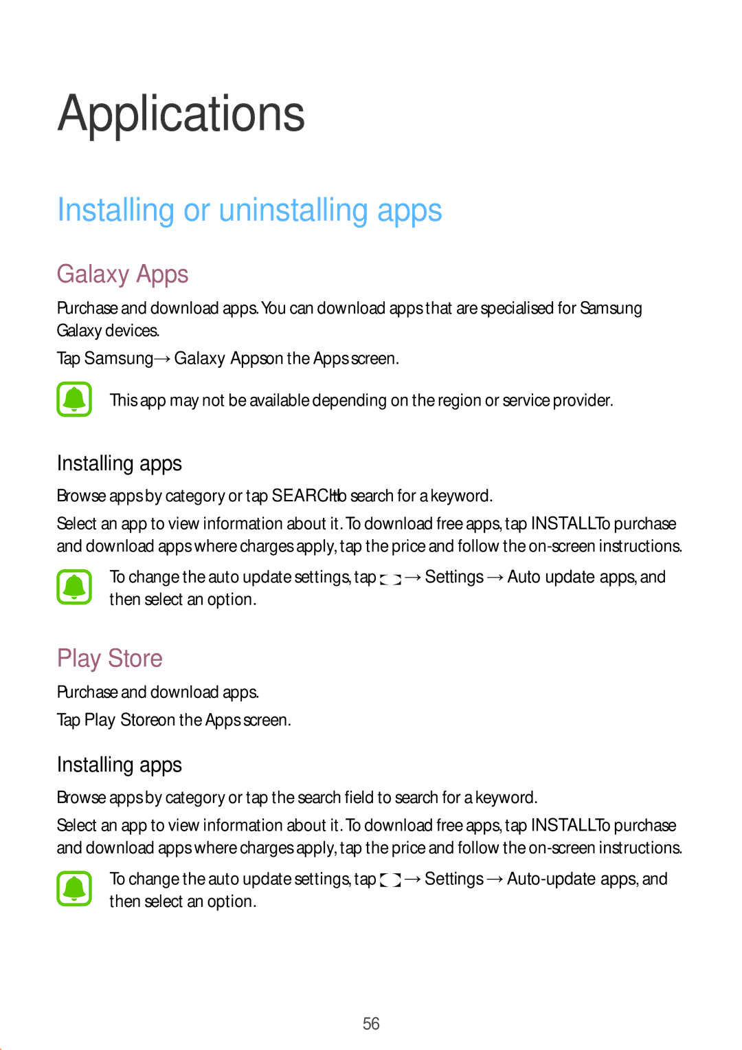 Samsung SM-P585NZKAKSA, SM-P585NZWAKSA manual Installing or uninstalling apps, Galaxy Apps, Play Store, Installing apps 