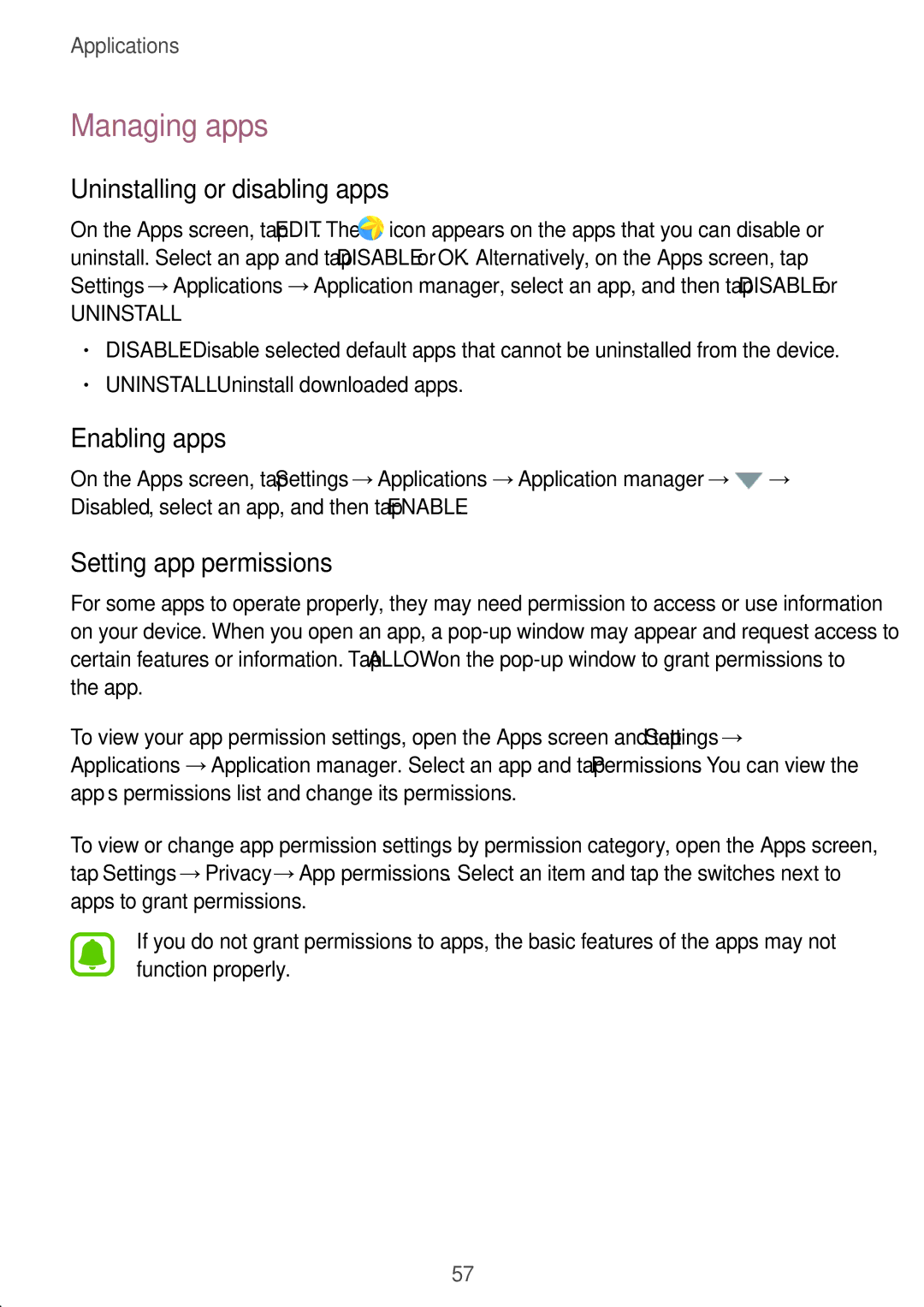 Samsung SM-P585NZWAKSA manual Managing apps, Uninstalling or disabling apps, Enabling apps, Setting app permissions 