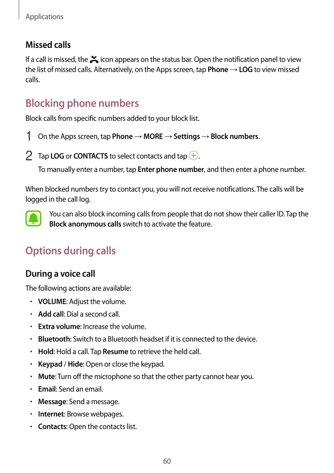 Samsung SM-P585NZKAKSA, SM-P585NZWAKSA Blocking phone numbers, Options during calls, Missed calls, During a voice call 