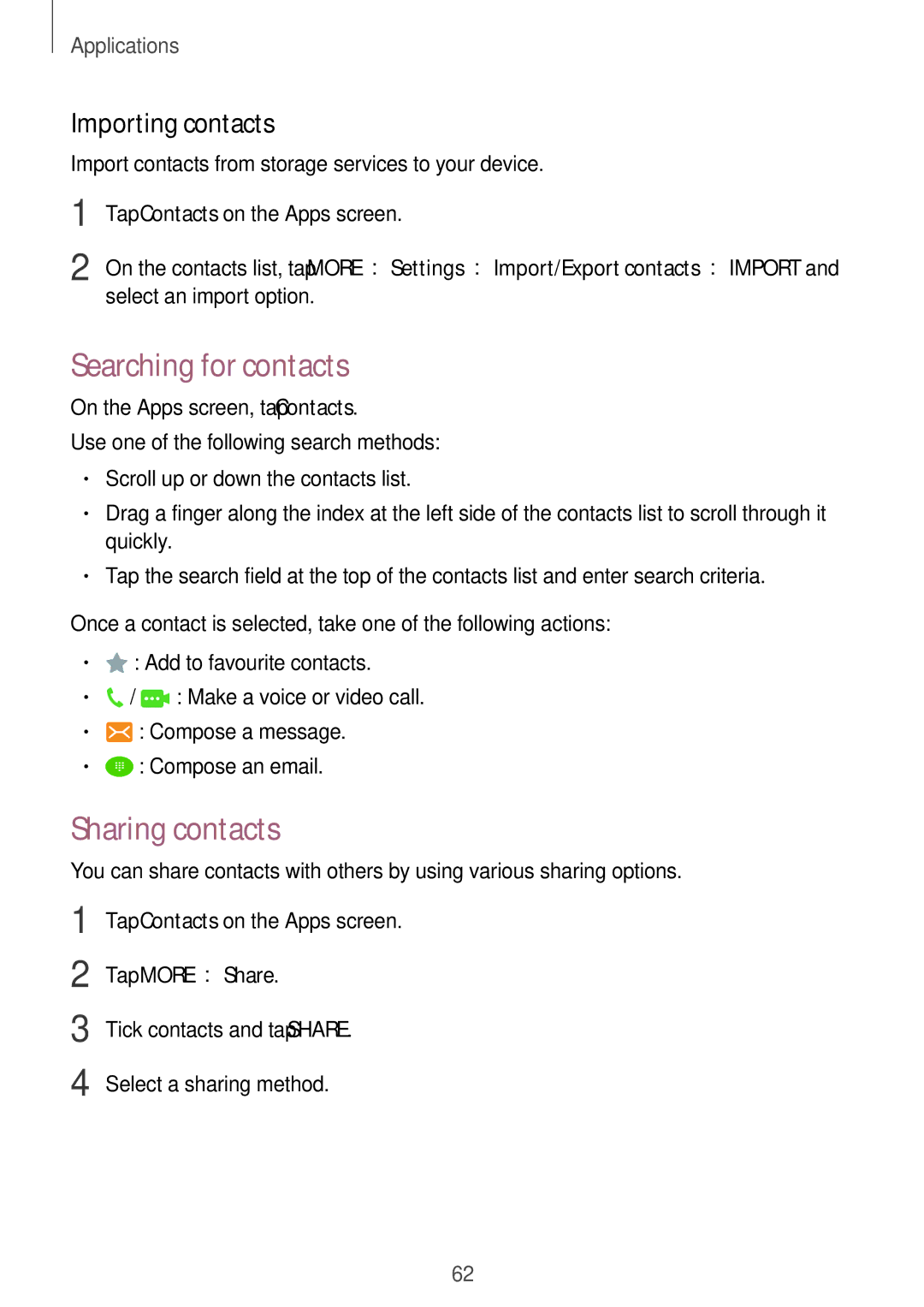 Samsung SM-P585YZWAXXV, SM-P585NZKAKSA manual Searching for contacts, Sharing contacts, Importing contacts, Tap More →Share 