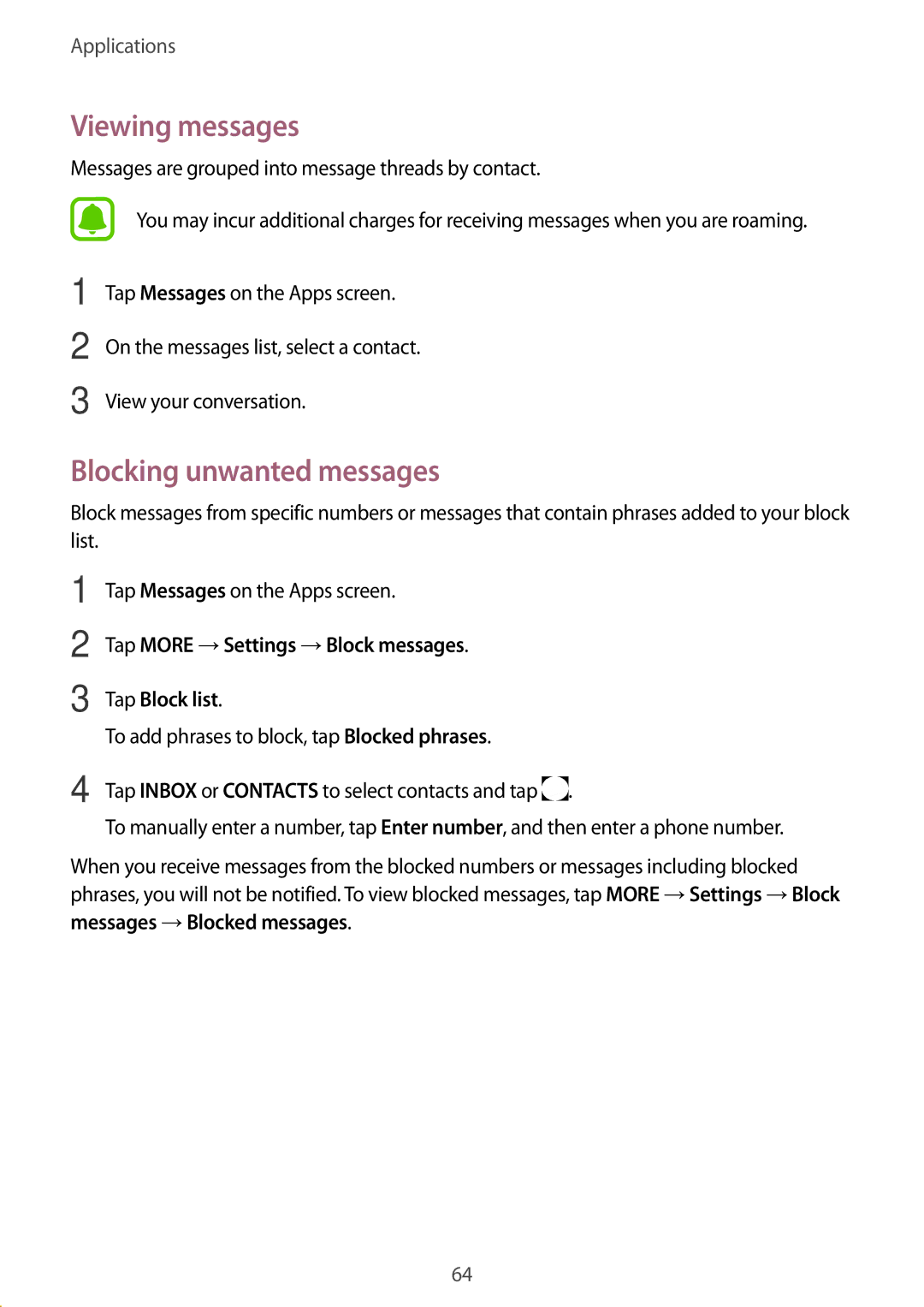 Samsung SM-P585NZKAKSA Viewing messages, Blocking unwanted messages, Tap More →Settings →Block messages Tap Block list 