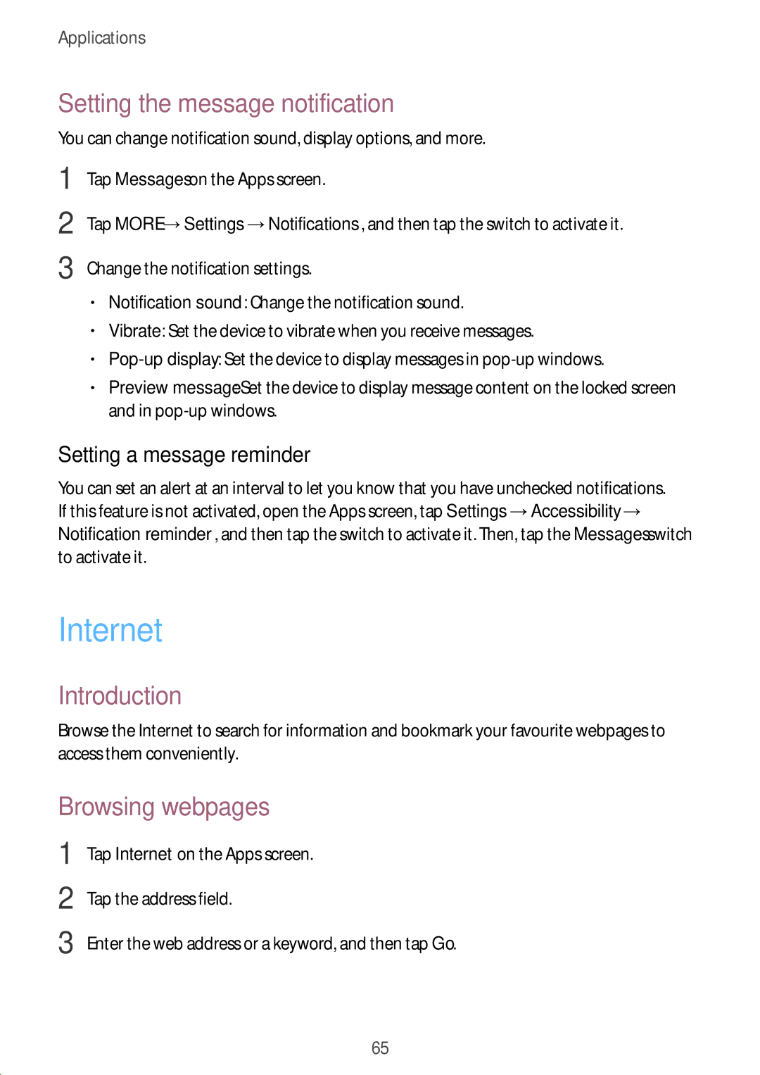 Samsung SM-P585NZWAKSA manual Internet, Setting the message notification, Browsing webpages, Setting a message reminder 