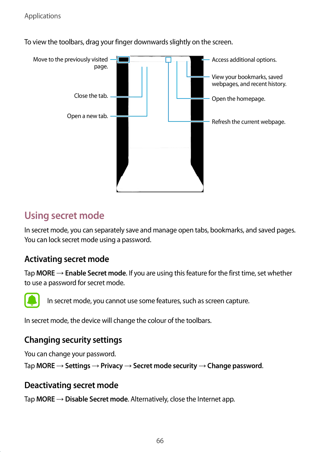 Samsung SM-P585YZWAXXV Using secret mode, Activating secret mode, Changing security settings, Deactivating secret mode 