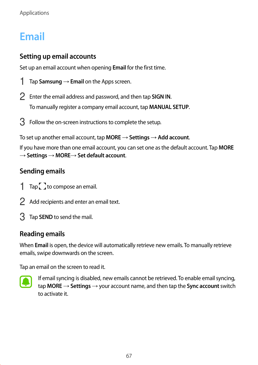 Samsung SM-P585YZKAXXV Setting up email accounts, Sending emails, Reading emails, → Settings →MORE→Set default account 