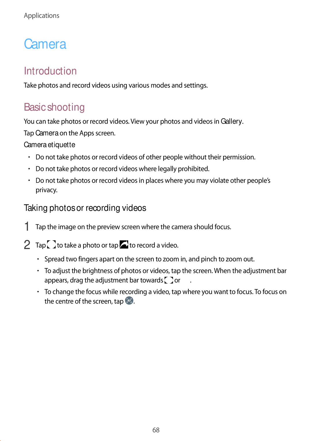 Samsung SM-P585NZKAKSA, SM-P585NZWAKSA manual Basic shooting, Taking photos or recording videos, Camera etiquette 