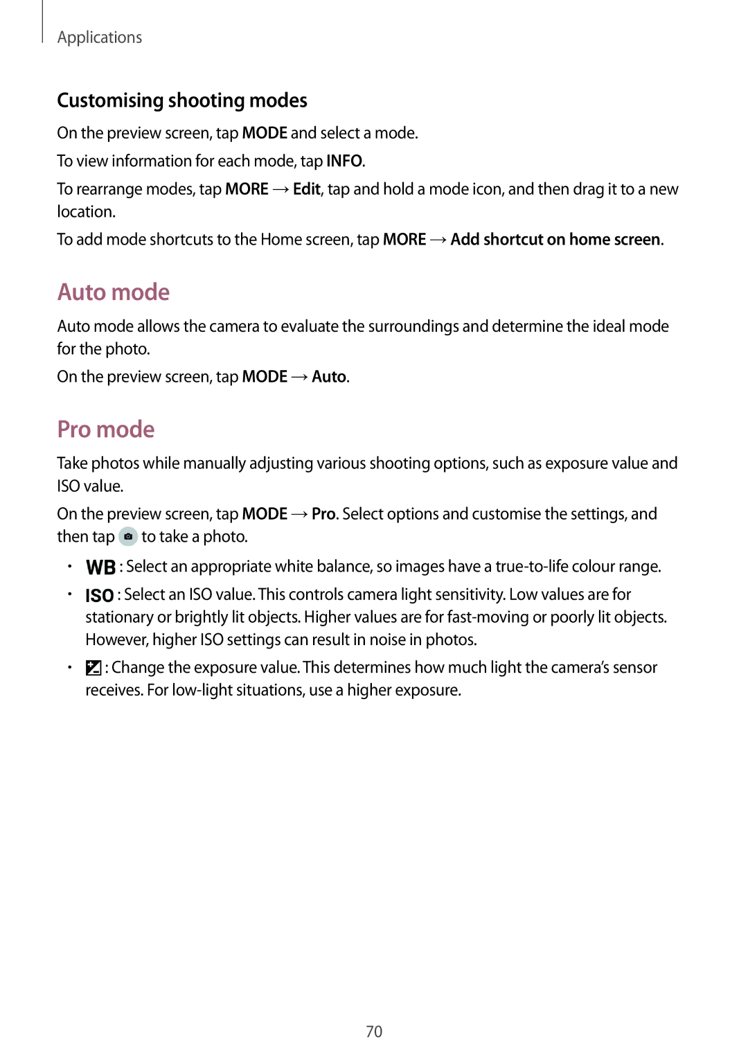 Samsung SM-P585YZWAXXV, SM-P585NZKAKSA, SM-P585NZWAKSA, SM-P585YZKAXXV manual Auto mode, Pro mode, Customising shooting modes 