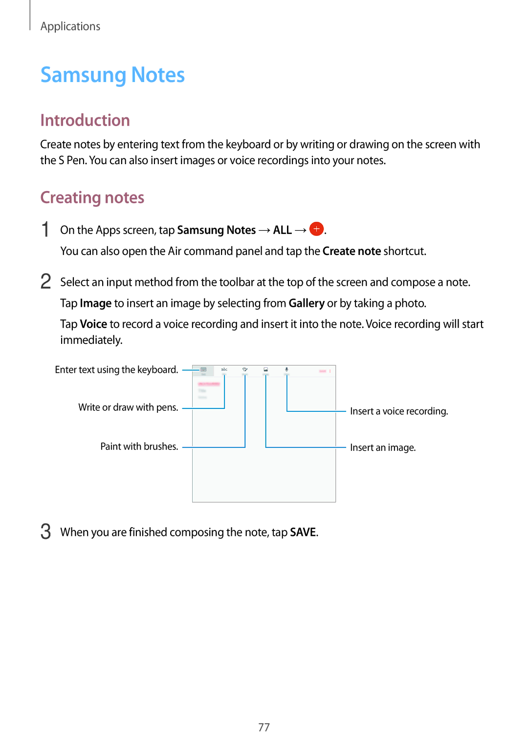 Samsung SM-P585NZWAKSA, SM-P585NZKAKSA, SM-P585YZWAXXV, SM-P585YZKAXXV manual Samsung Notes, Creating notes 