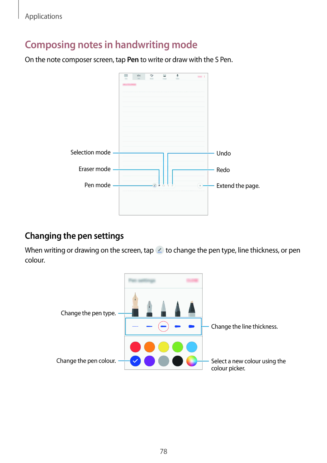 Samsung SM-P585YZWAXXV, SM-P585NZKAKSA, SM-P585NZWAKSA manual Composing notes in handwriting mode, Changing the pen settings 