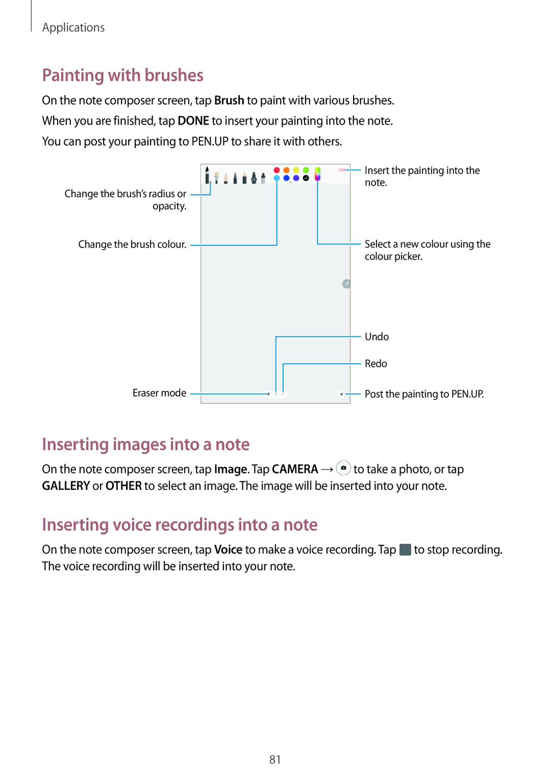 Samsung SM-P585NZWAKSA manual Painting with brushes, Inserting images into a note, Inserting voice recordings into a note 