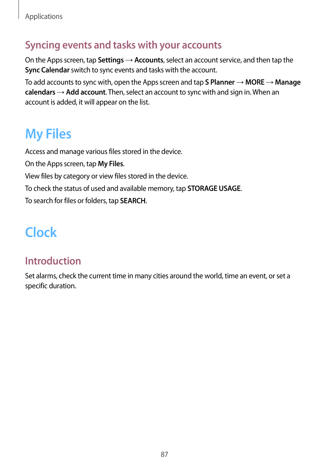 Samsung SM-P585YZKAXXV, SM-P585NZKAKSA, SM-P585NZWAKSA manual My Files, Clock, Syncing events and tasks with your accounts 