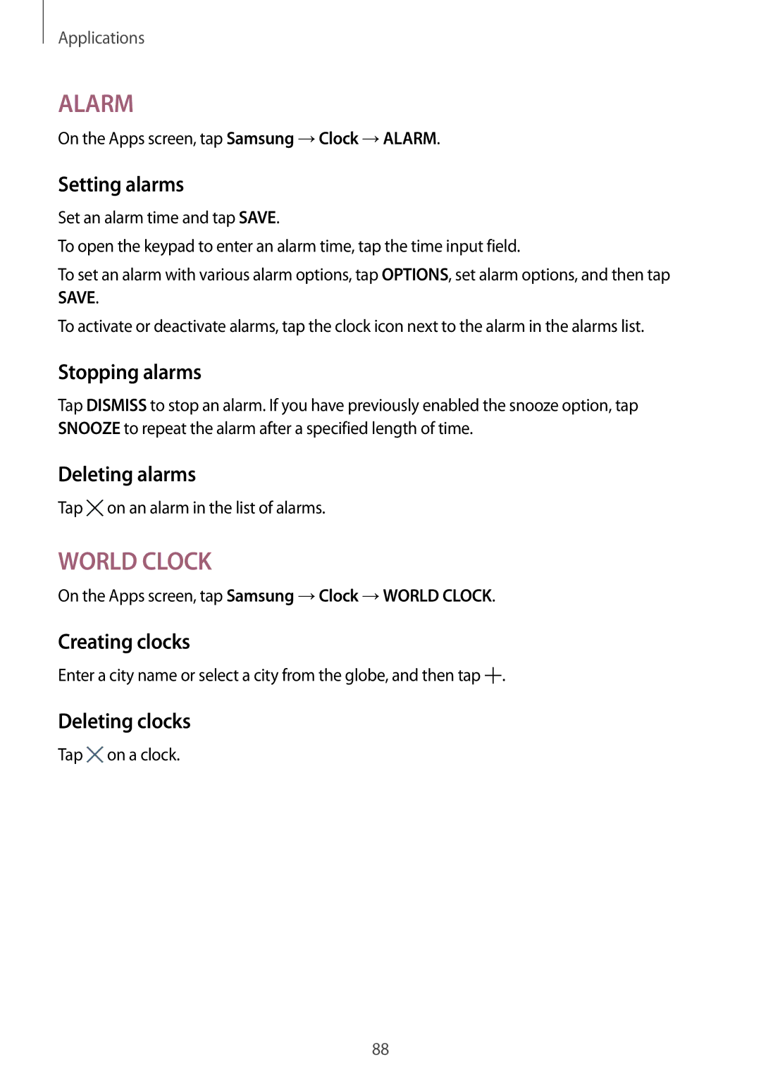 Samsung SM-P585NZKAKSA, SM-P585NZWAKSA Setting alarms, Stopping alarms, Deleting alarms, Creating clocks, Deleting clocks 