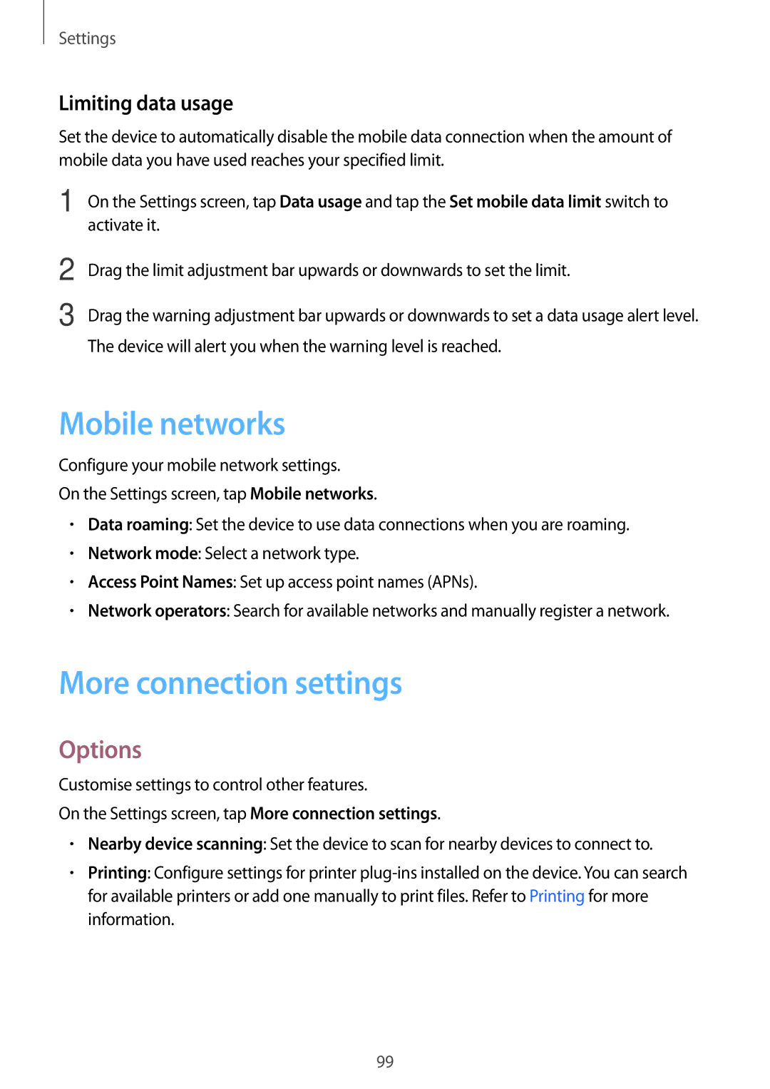 Samsung SM-P585YZKAXXV, SM-P585NZKAKSA manual Mobile networks, More connection settings, Options, Limiting data usage 