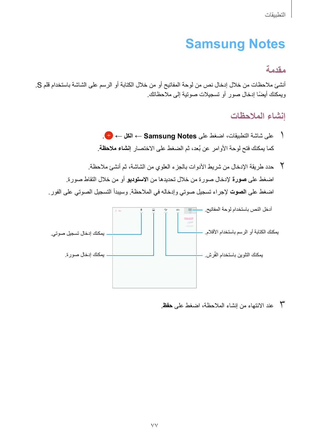 Samsung SM-P585NZWAKSA, SM-P585NZKAKSA manual Samsung Notes, تاظحلاملا ءاشنإ 