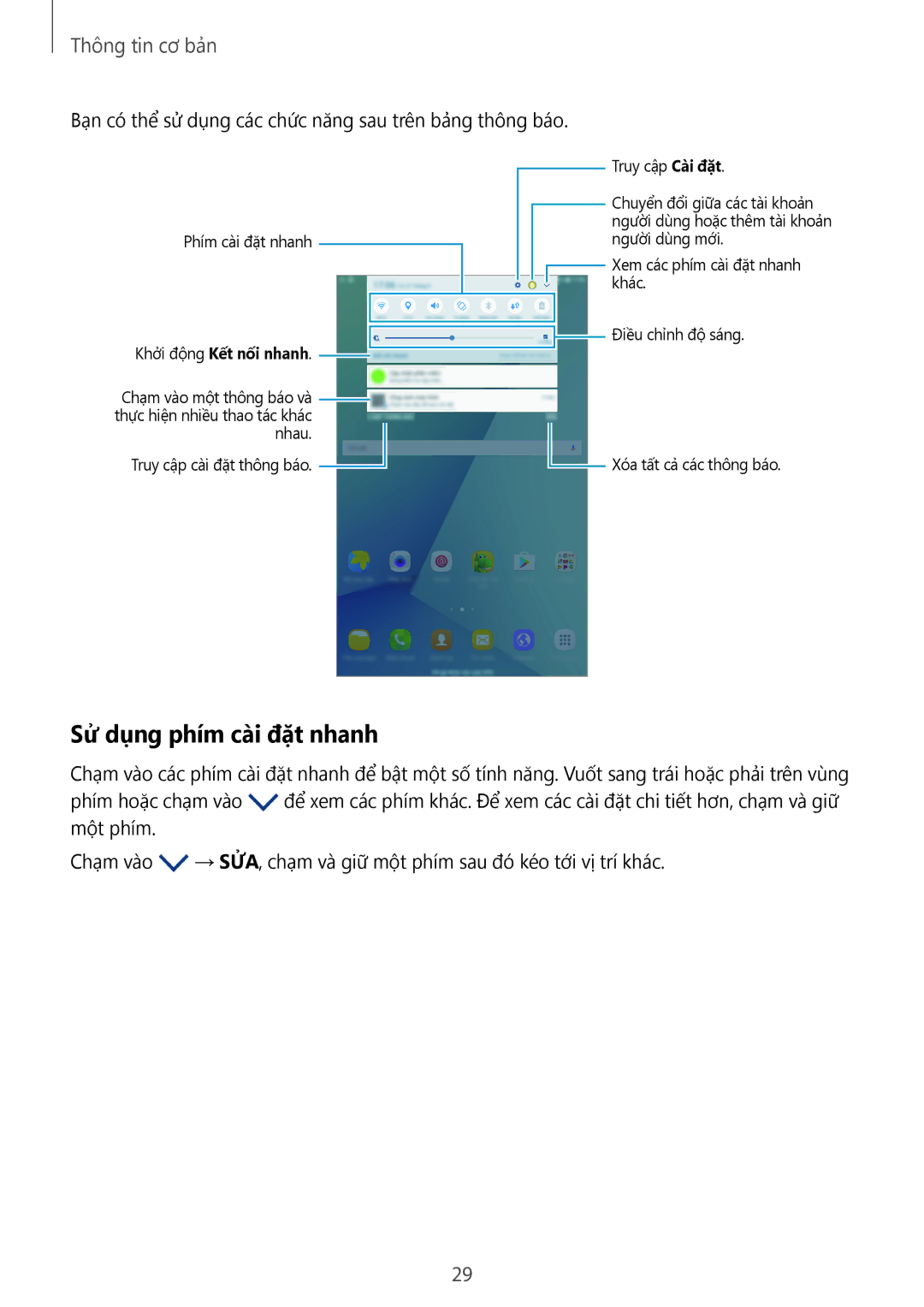 Samsung SM-P585YZKAXXV manual Sử dụng phím cài đặt nhanh, Bạn có thể sử dụng các chức năng sau trên bảng thông báo 