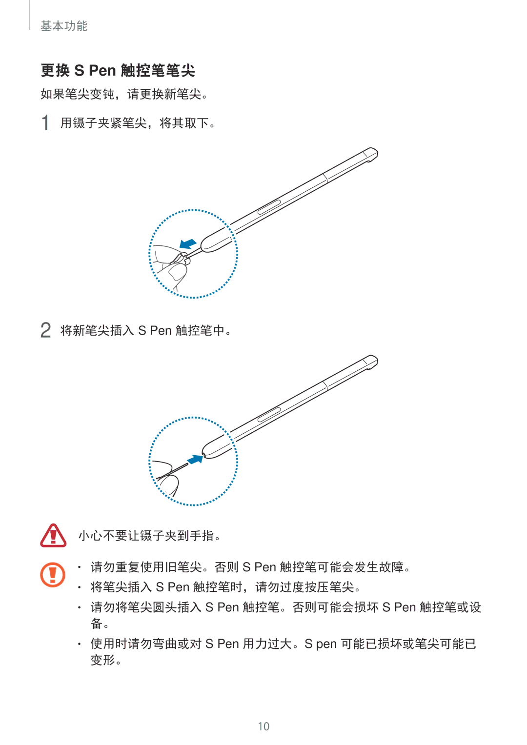 Samsung SM-P585YZWAXXV, SM-P585YZKAXXV manual 更换 S Pen 触控笔笔尖 