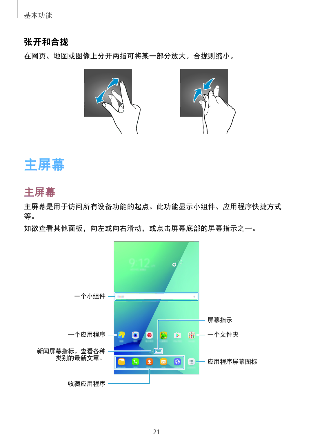 Samsung SM-P585YZKAXXV, SM-P585YZWAXXV manual 主屏幕, 张开和合拢 