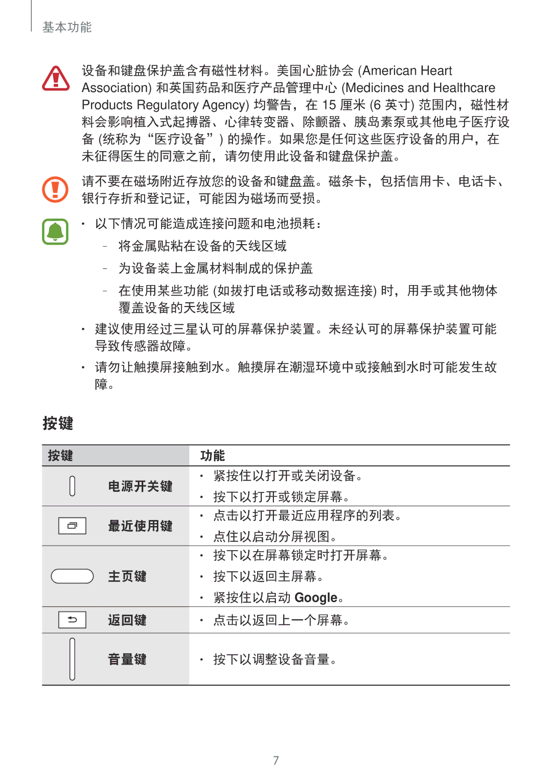 Samsung SM-P585YZKAXXV, SM-P585YZWAXXV manual 统称为医疗设备 的操作。如果您是任何这些医疗设备的用户，在 未征得医生的同意之前，请勿使用此设备和键盘保护盖。 