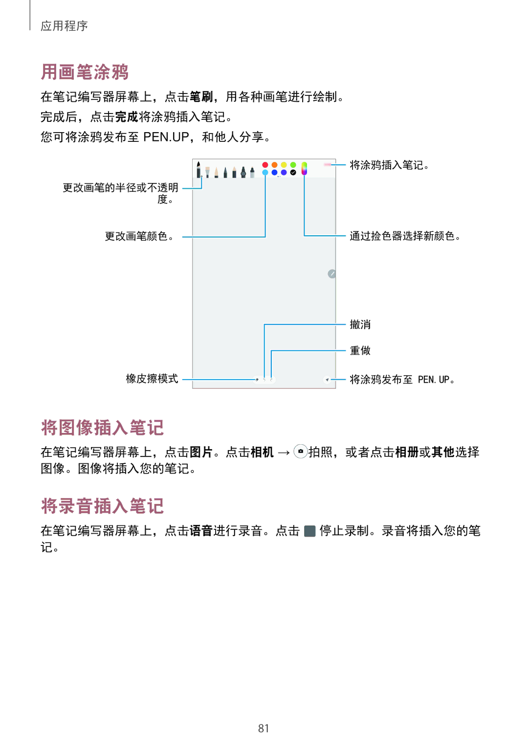 Samsung SM-P585YZKAXXV, SM-P585YZWAXXV manual 用画笔涂鸦, 将图像插入笔记, 将录音插入笔记 