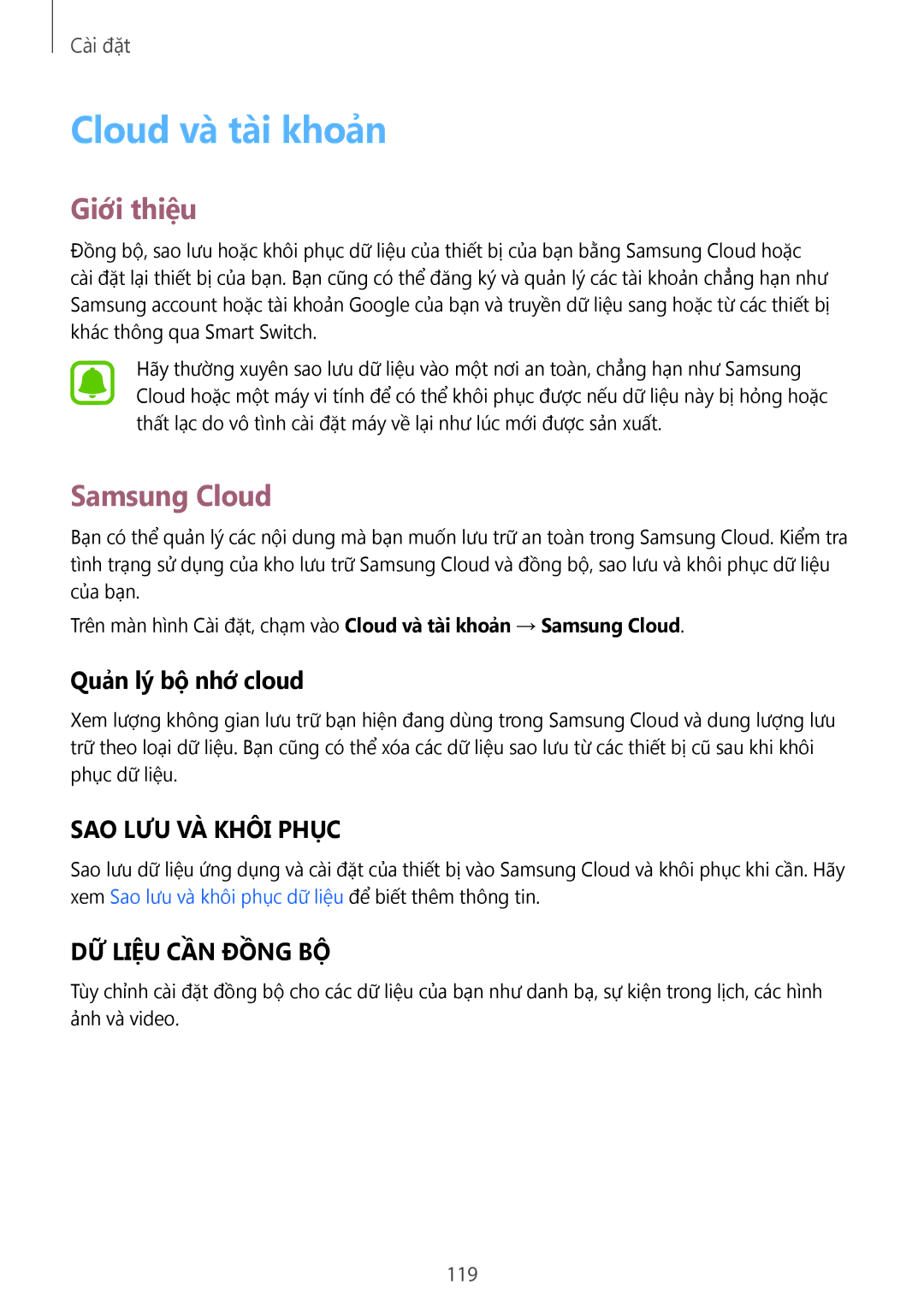 Samsung SM-P585YZKAXXV, SM-P585YZWAXXV manual Cloud và tài khoản, Samsung Cloud, Quản lý bộ nhớ cloud 