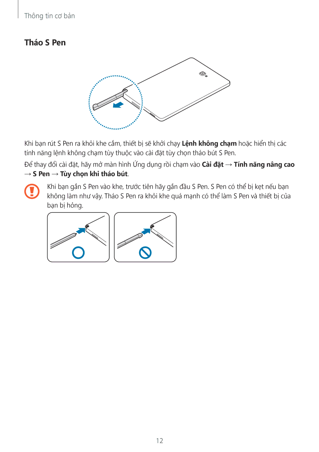 Samsung SM-P585YZWAXXV, SM-P585YZKAXXV manual Tháo S Pen, → S Pen → Tùy chọn khi tháo bút 