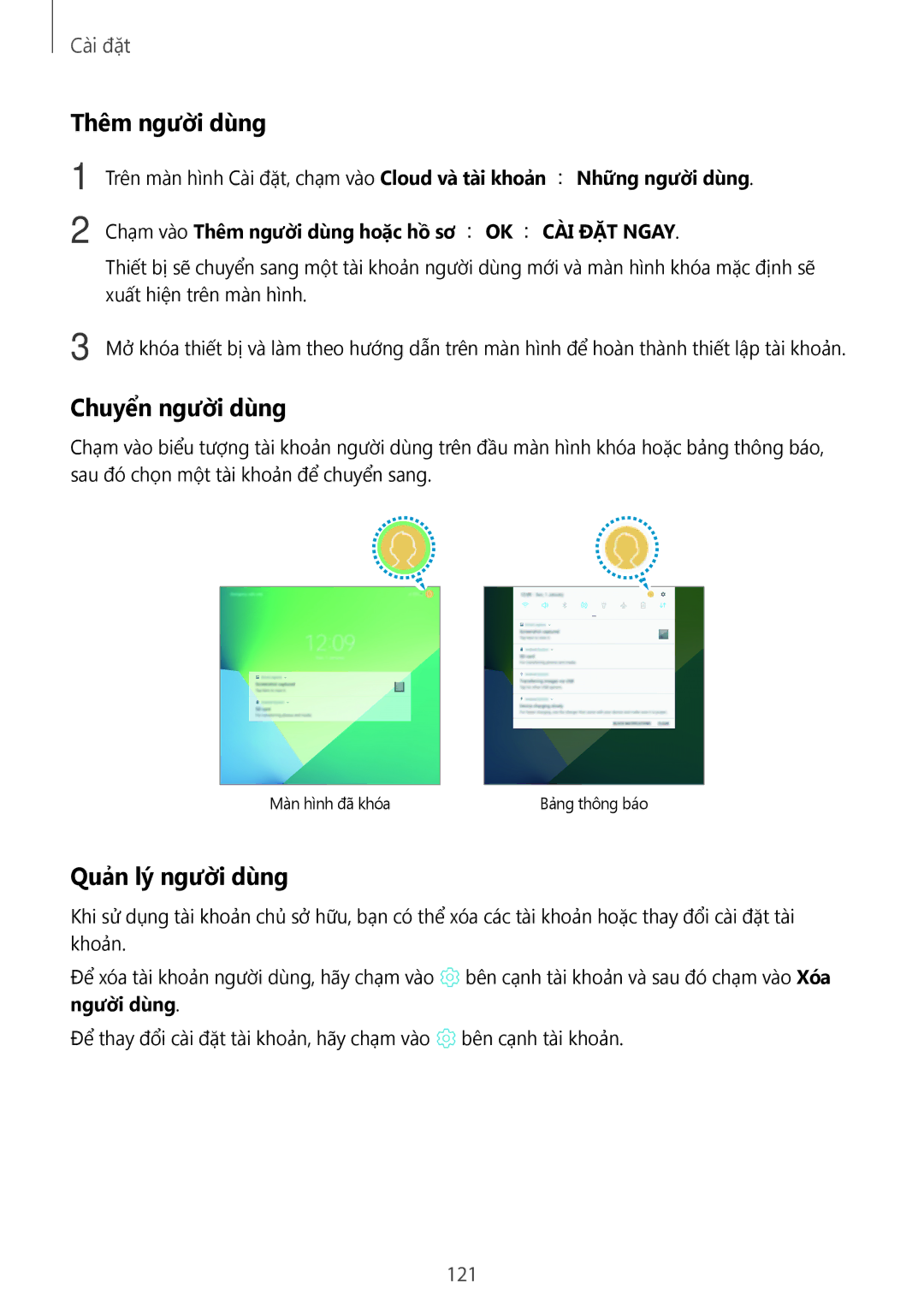 Samsung SM-P585YZKAXXV, SM-P585YZWAXXV manual Thêm người dùng, Chuyển người dùng, Quản lý người dùng 