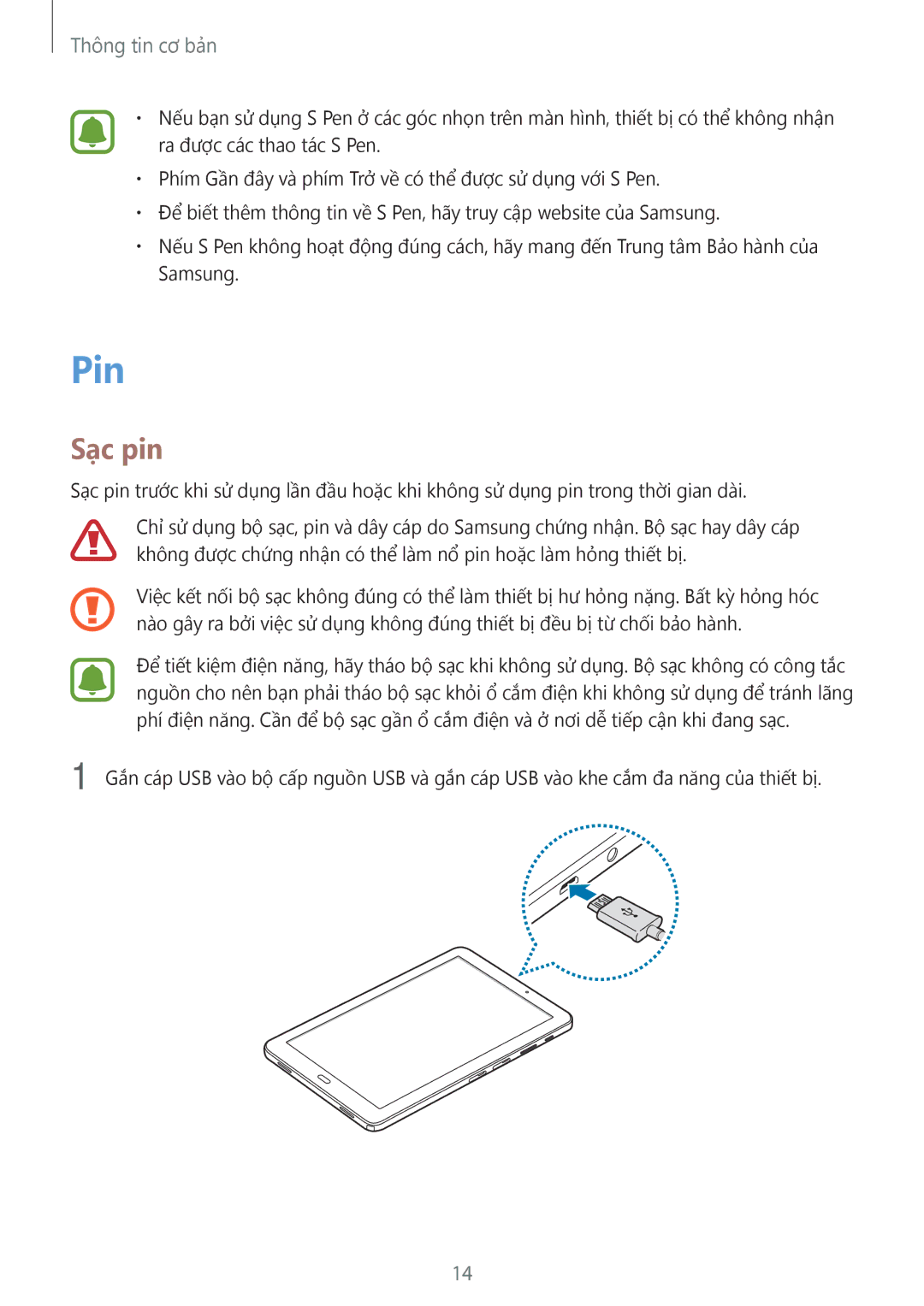 Samsung SM-P585YZWAXXV, SM-P585YZKAXXV manual Pin, Sạc pin 