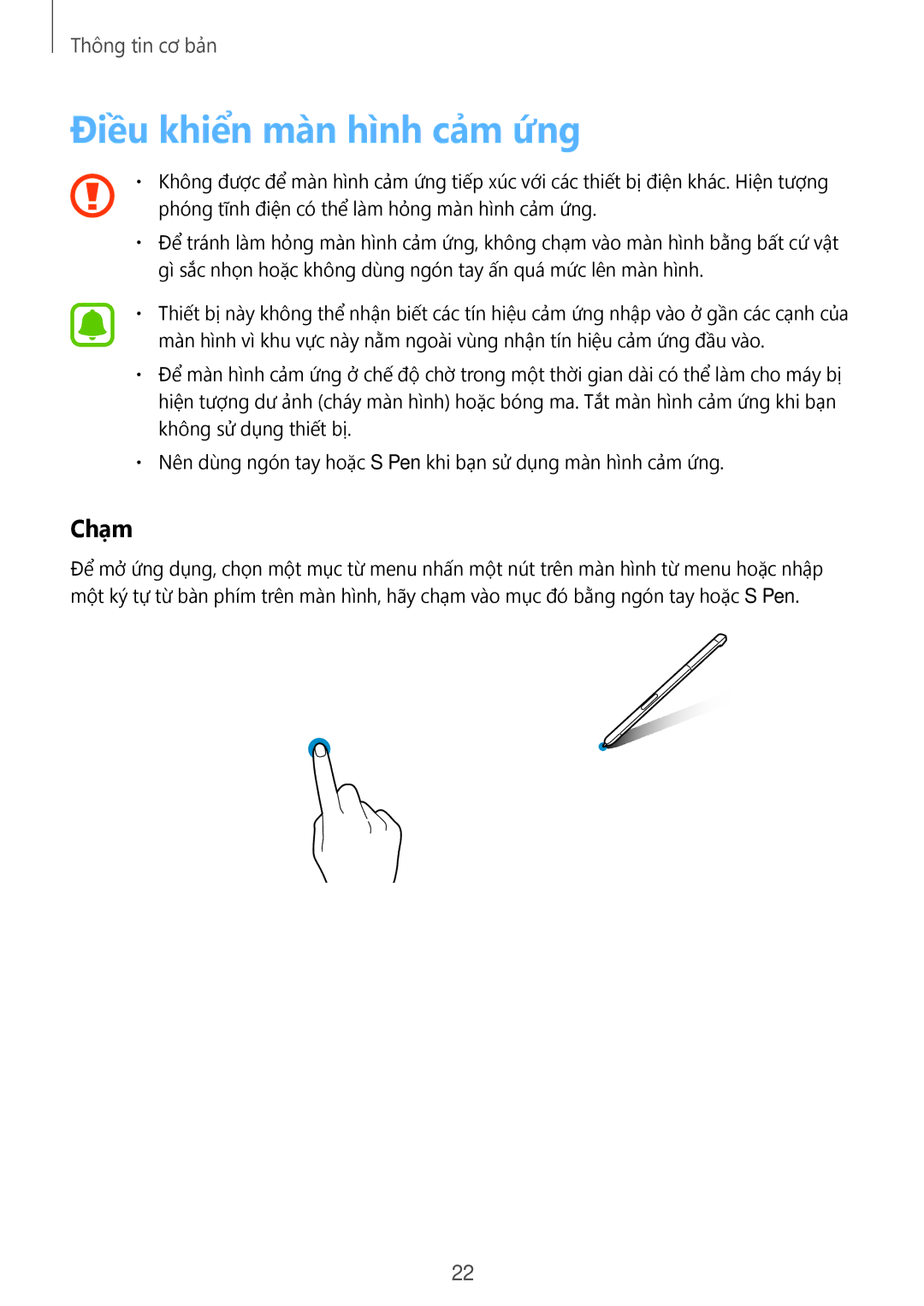 Samsung SM-P585YZWAXXV, SM-P585YZKAXXV manual Điều khiển màn hình cảm ứng, Chạm 