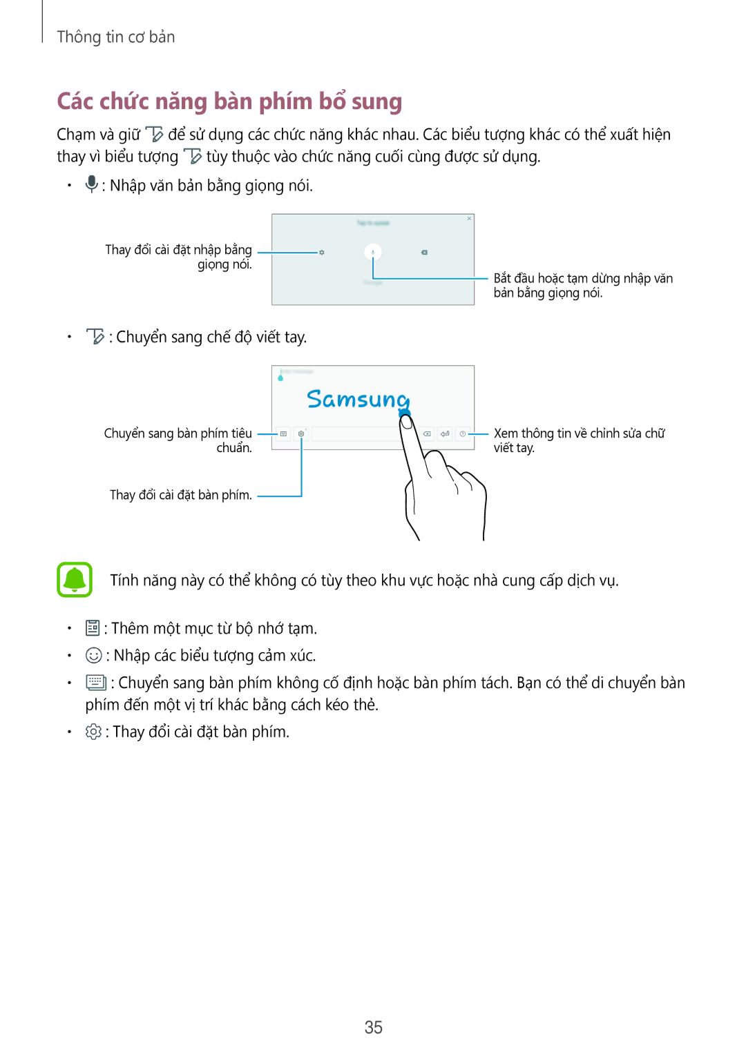 Samsung SM-P585YZKAXXV, SM-P585YZWAXXV manual Các chức năng bàn phím bổ sung, Chuyển sang chế độ viết tay 