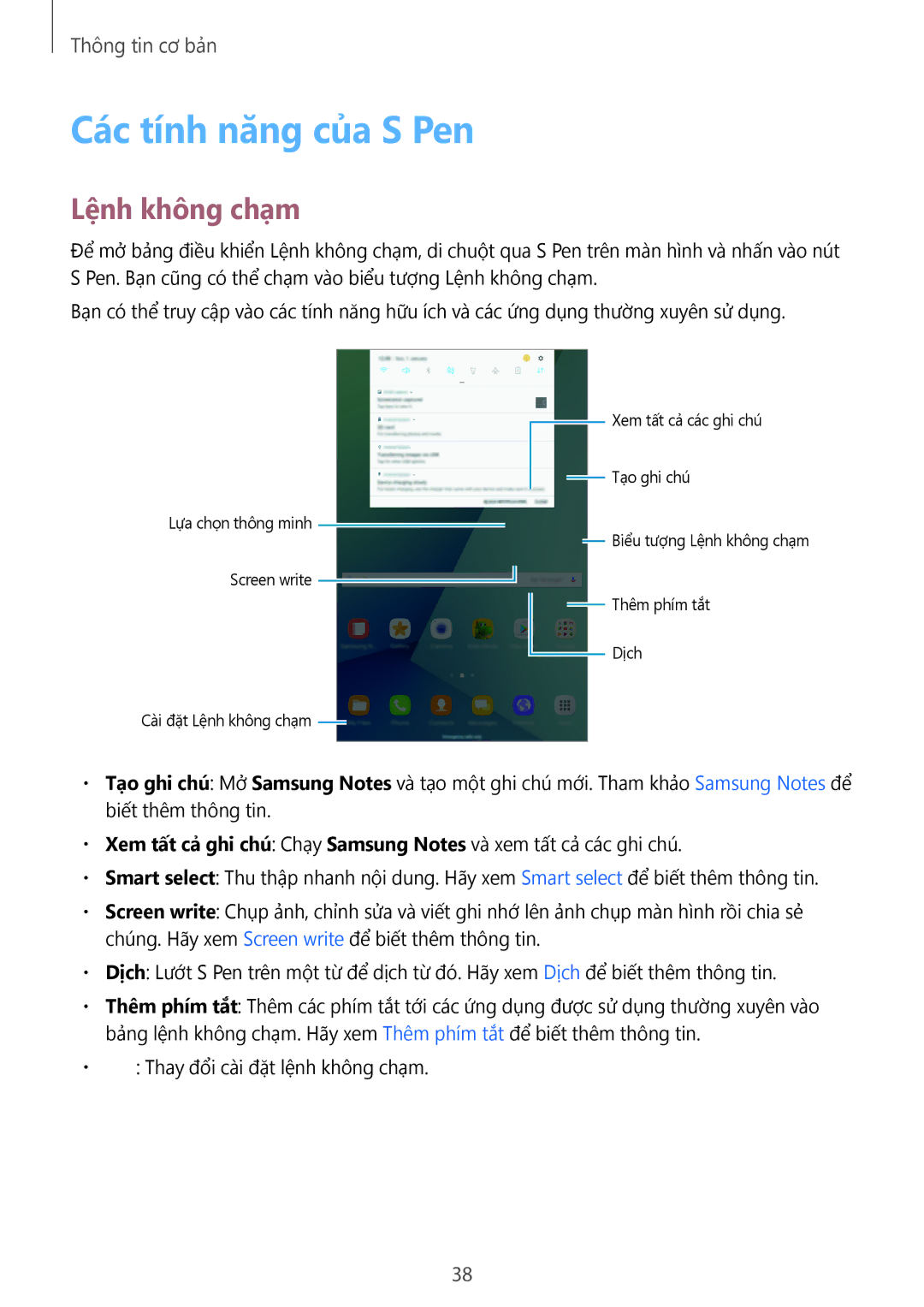 Samsung SM-P585YZWAXXV, SM-P585YZKAXXV manual Các tính năng của S Pen, Lệnh không chạm 