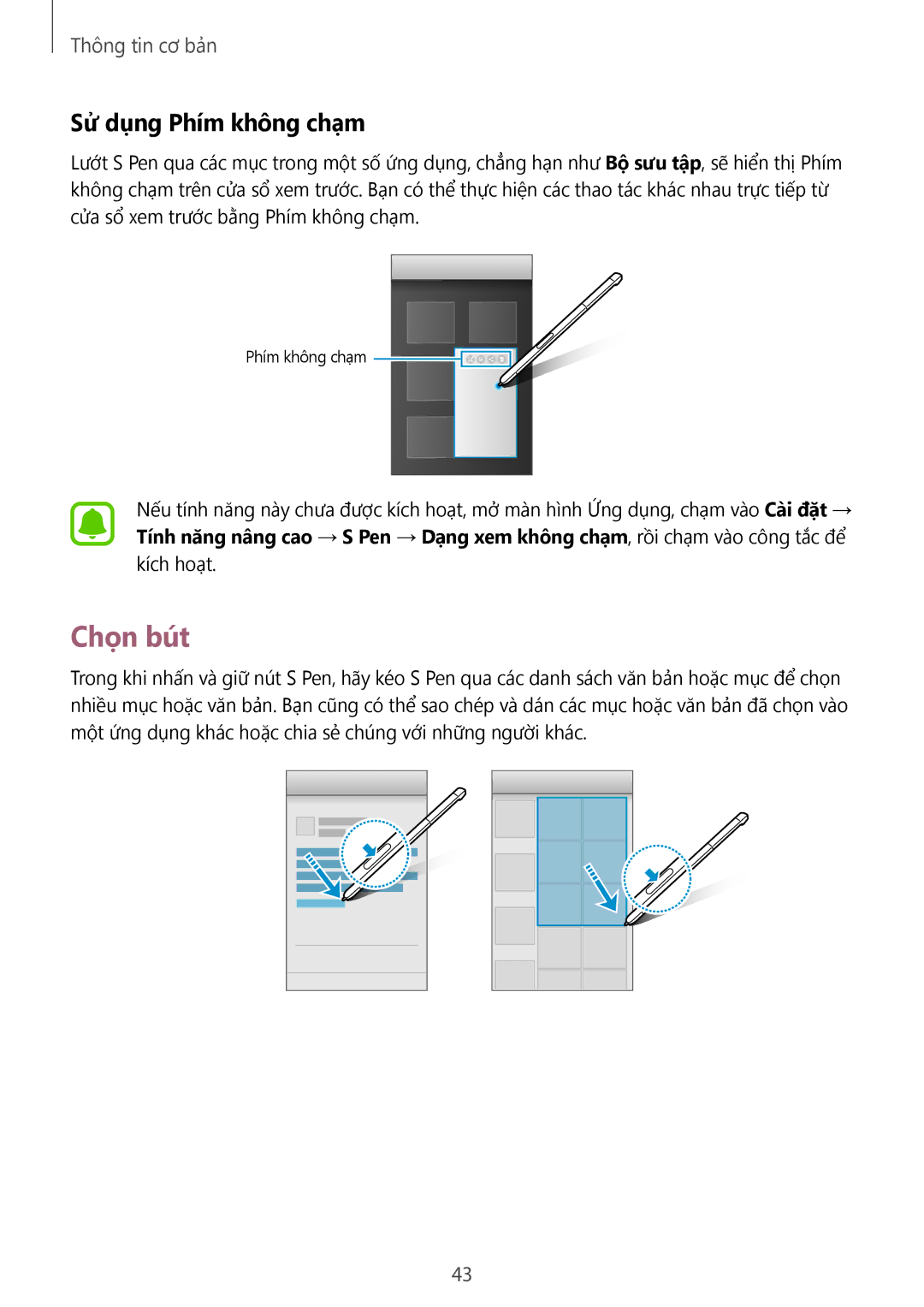 Samsung SM-P585YZKAXXV, SM-P585YZWAXXV manual Chọn bút, Sử dụng Phím không chạm 