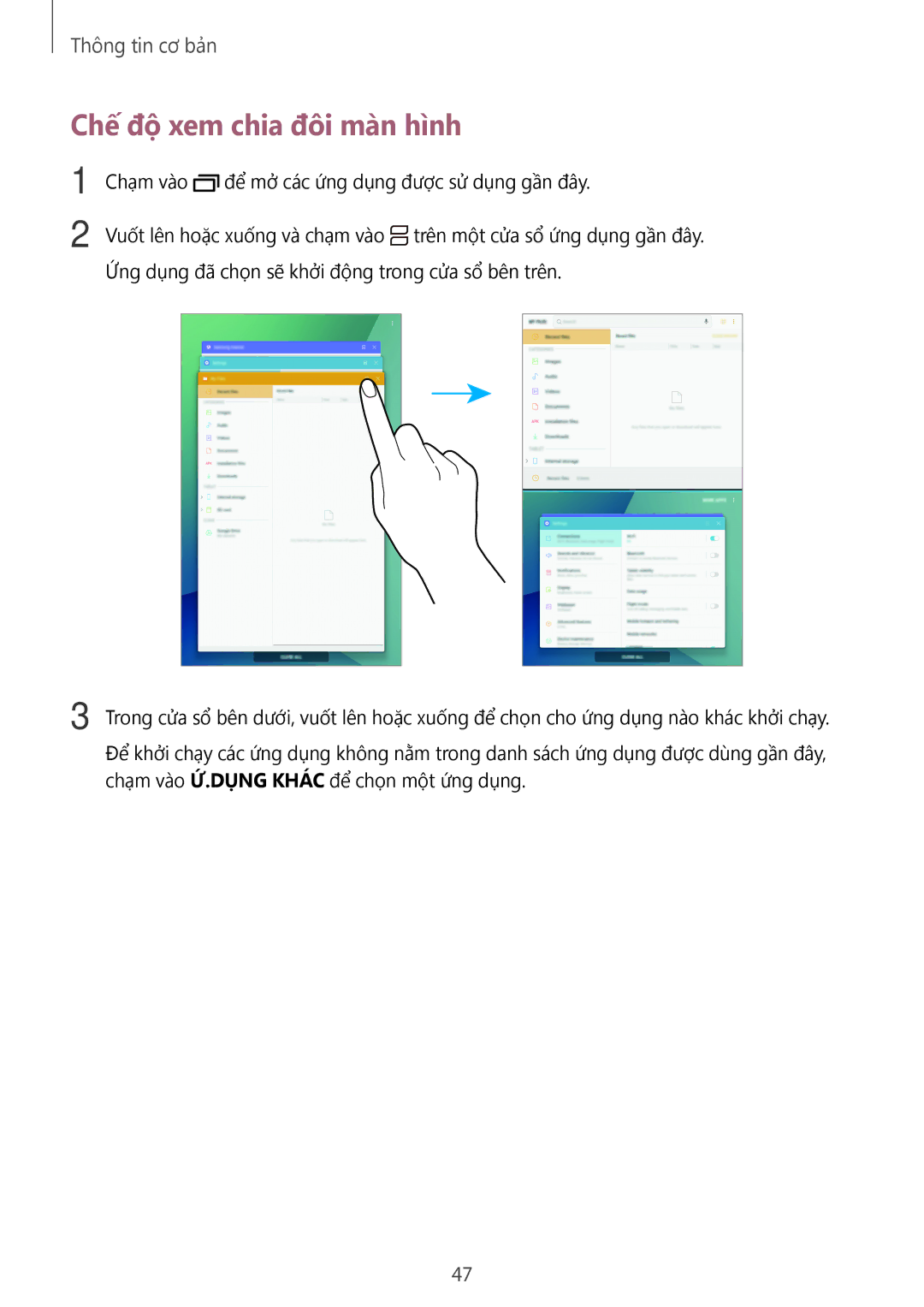 Samsung SM-P585YZKAXXV, SM-P585YZWAXXV manual Chế độ xem chia đôi màn hình 