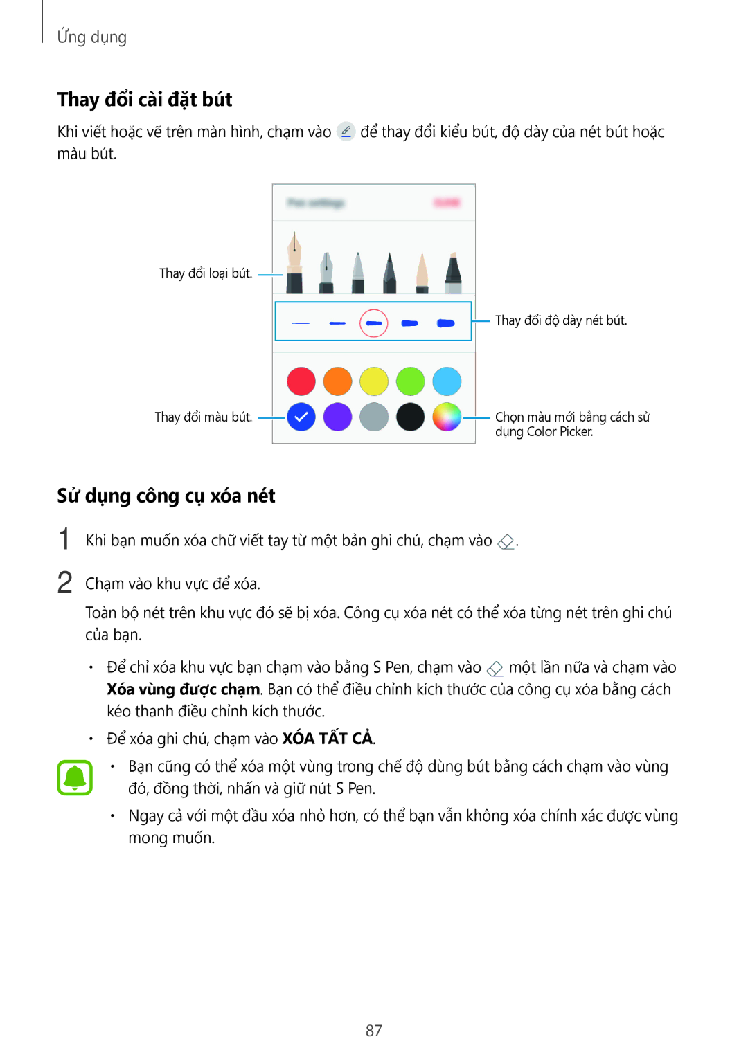 Samsung SM-P585YZKAXXV, SM-P585YZWAXXV manual Thay đổi cài đặt bút, Sử dụng công cụ xóa nét 