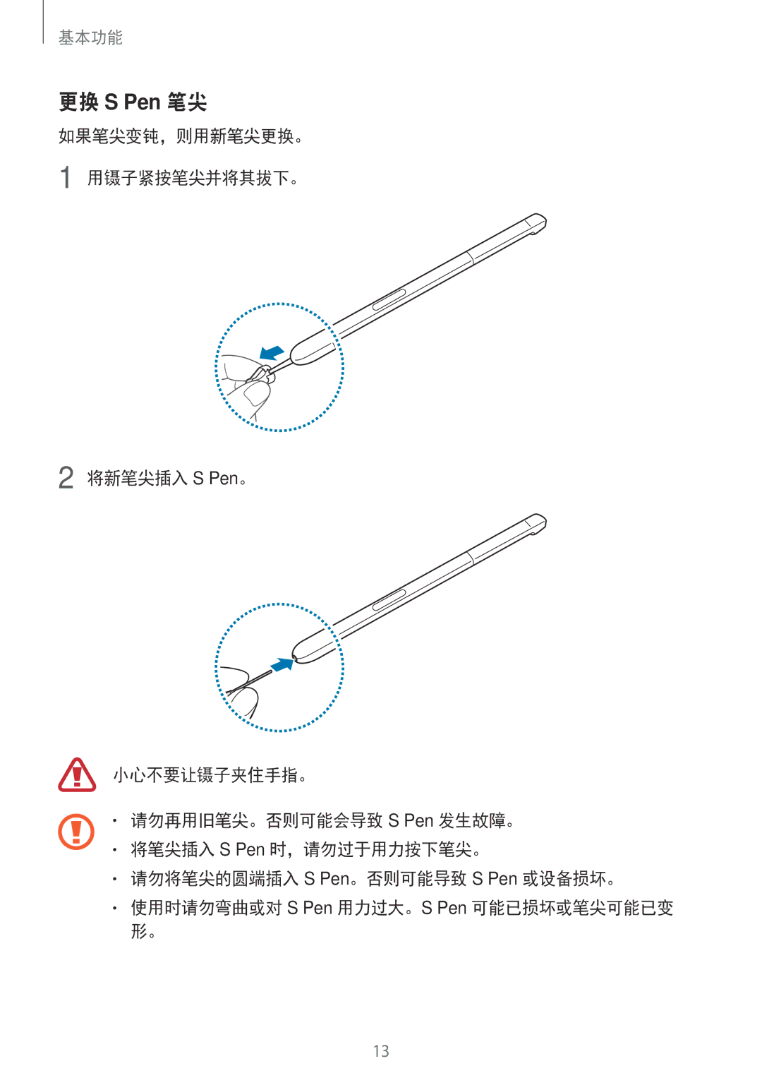 Samsung SM-P585YZKAXXV, SM-P585YZWAXXV manual 更换 S Pen 笔尖 