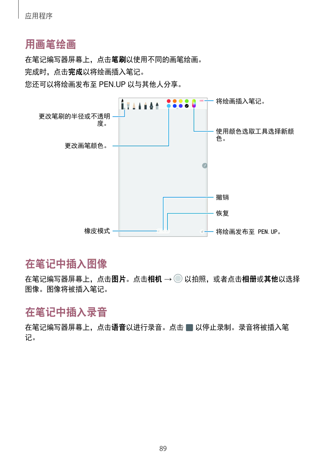 Samsung SM-P585YZKAXXV, SM-P585YZWAXXV manual 用画笔绘画, 在笔记中插入图像, 在笔记中插入录音 