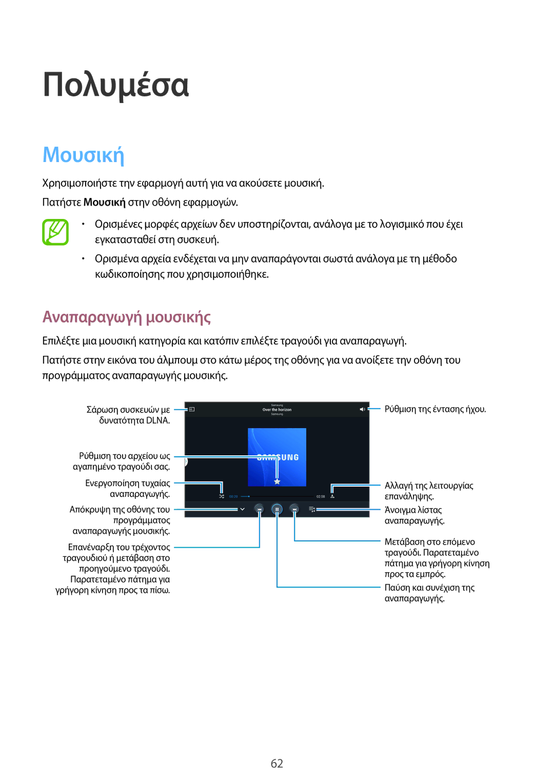 Samsung SM-P6000ZKAEUR, SM-P6000ZWAEUR manual Πολυμέσα, Μουσική, Αναπαραγωγή μουσικής 