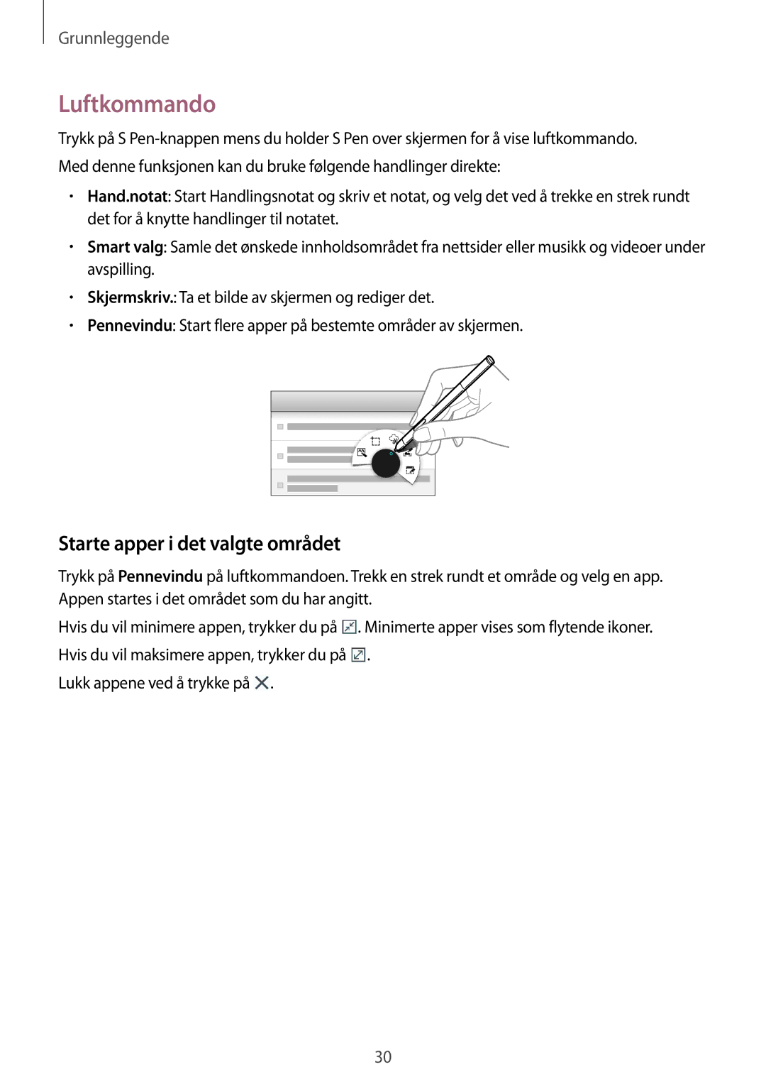 Samsung SM-P6000ZWENEE, SM-P6000ZKANEE, SM-P6000ZKENEE, SM-P6000ZWANEE manual Luftkommando, Starte apper i det valgte området 