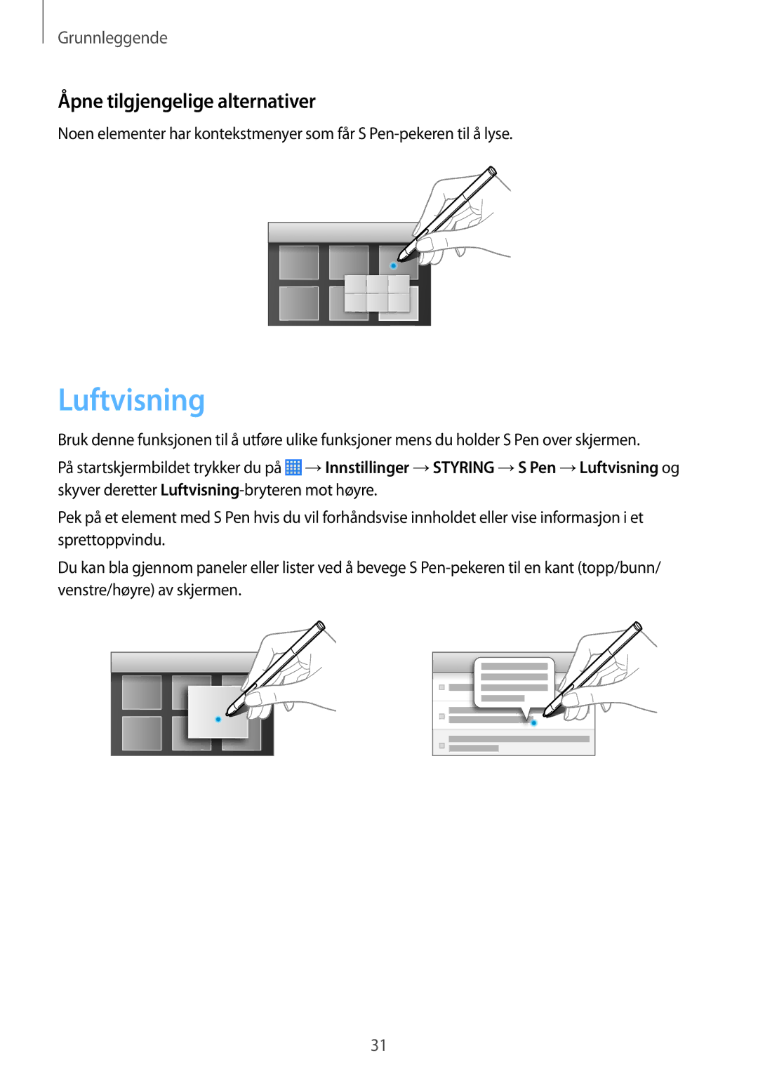 Samsung SM-P6000ZWANEE, SM-P6000ZKANEE, SM-P6000ZKENEE, SM-P6000ZWENEE manual Luftvisning, Åpne tilgjengelige alternativer 