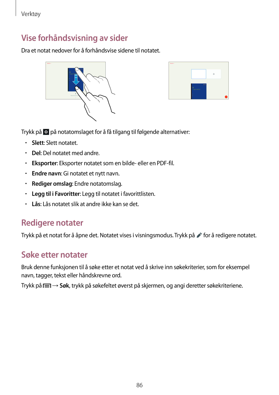 Samsung SM-P6000ZWENEE, SM-P6000ZKANEE, SM-P6000ZKENEE Vise forhåndsvisning av sider, Redigere notater, Søke etter notater 