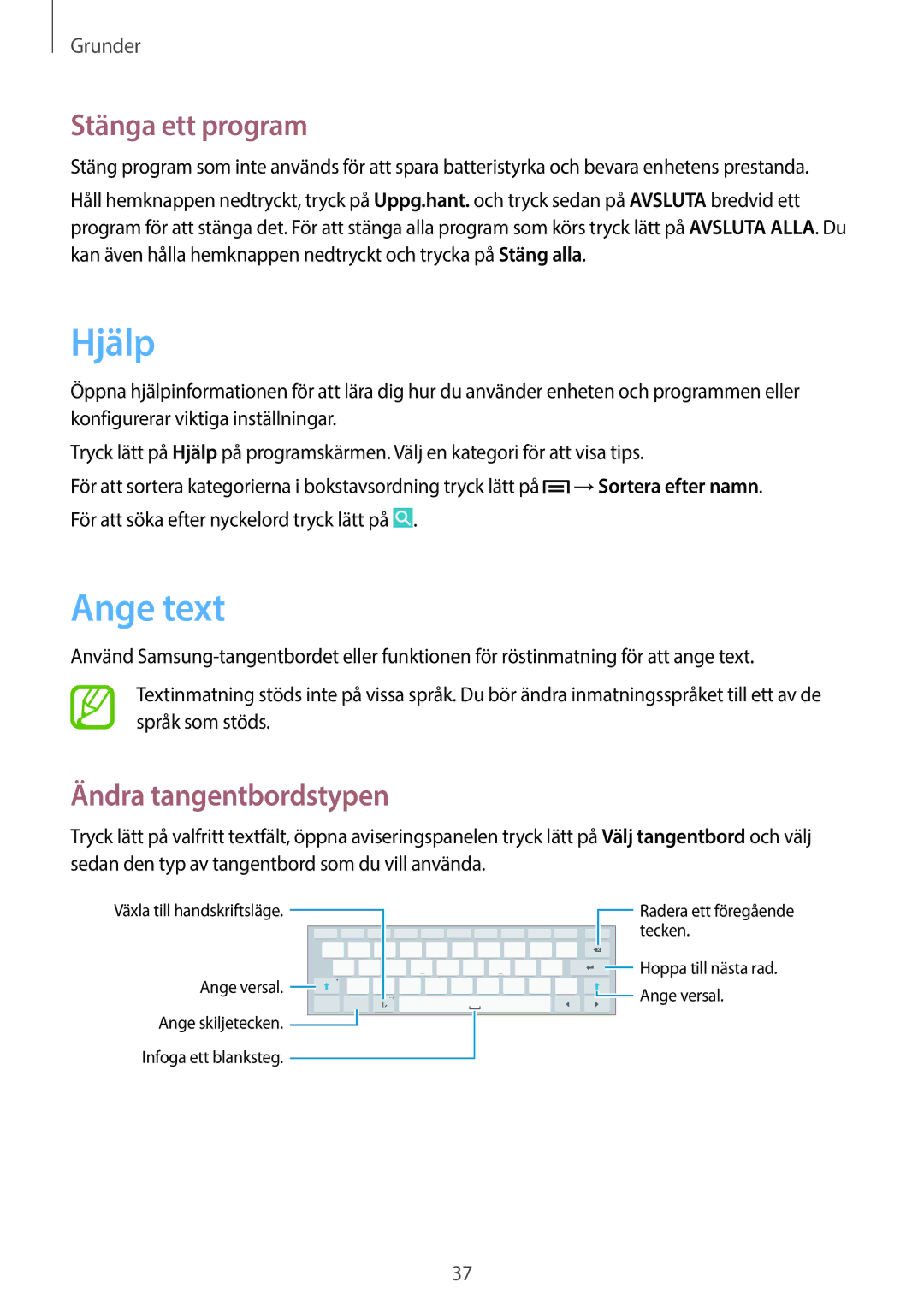 Samsung SM-P6000ZKENEE, SM-P6000ZKANEE, SM-P6000ZWENEE manual Hjälp, Ange text, Stänga ett program, Ändra tangentbordstypen 