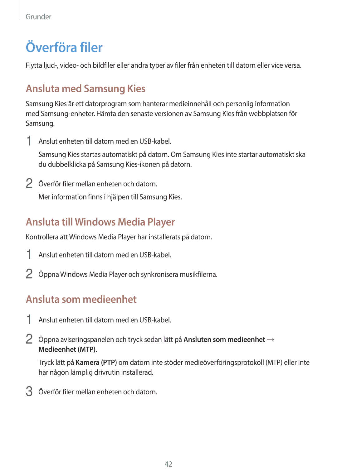 Samsung SM-P6000ZWENEE Överföra filer, Ansluta med Samsung Kies, Ansluta till Windows Media Player, Ansluta som medieenhet 