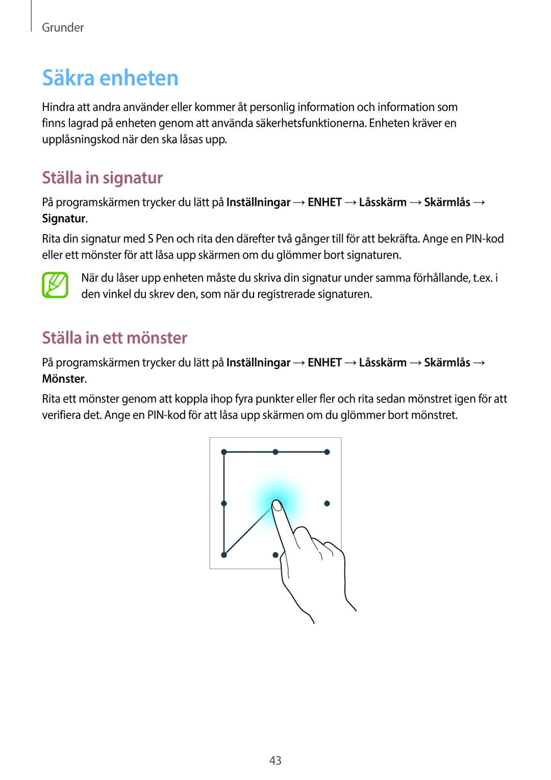 Samsung SM-P6000ZWANEE, SM-P6000ZKANEE, SM-P6000ZKENEE manual Säkra enheten, Ställa in signatur, Ställa in ett mönster 